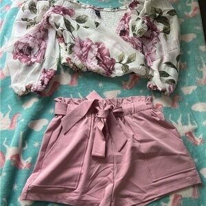 Floral Sheer Blouse and Pink Shorts Set